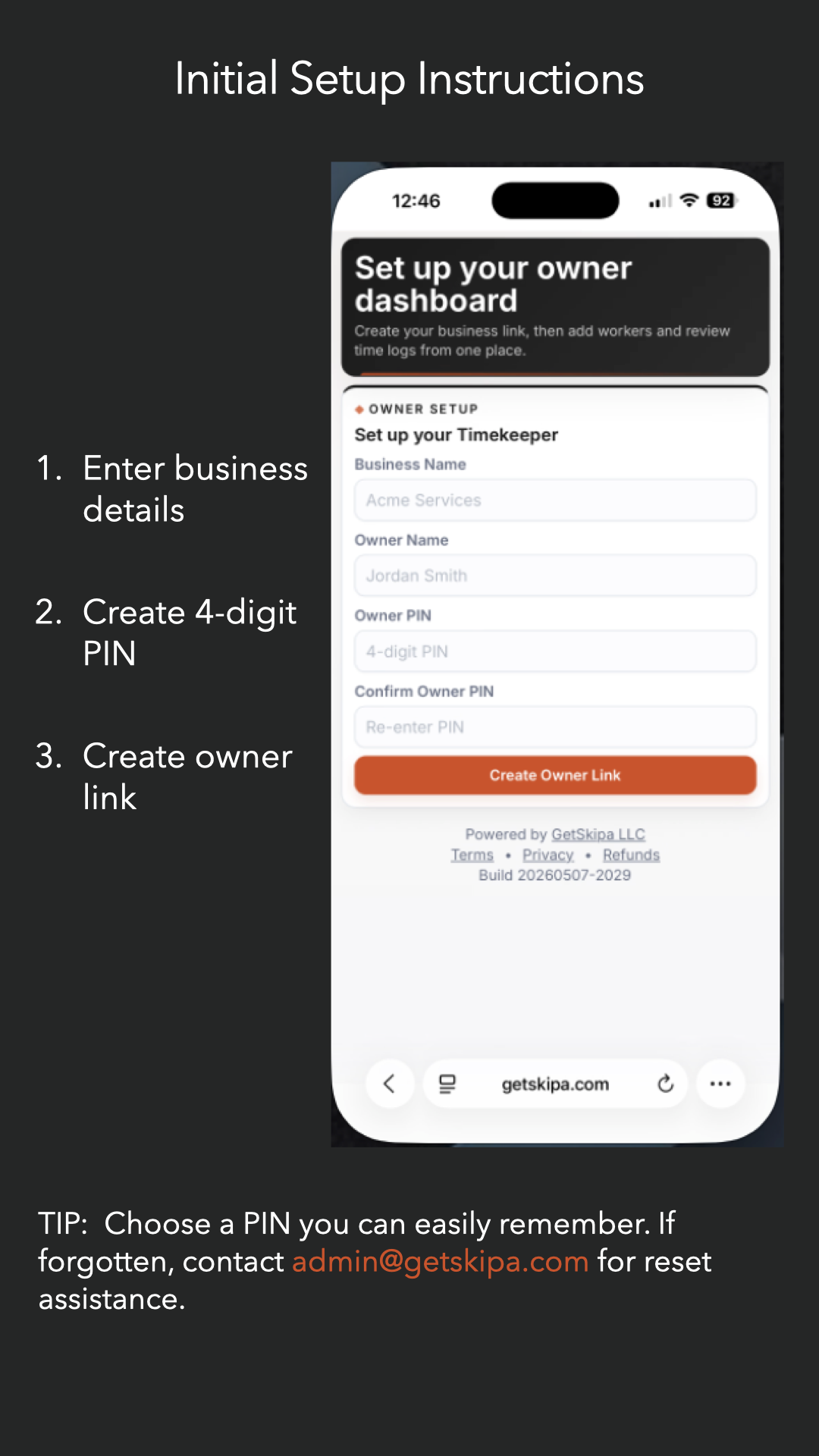 Owner setup screen for creating a Timekeeper business and owner PIN