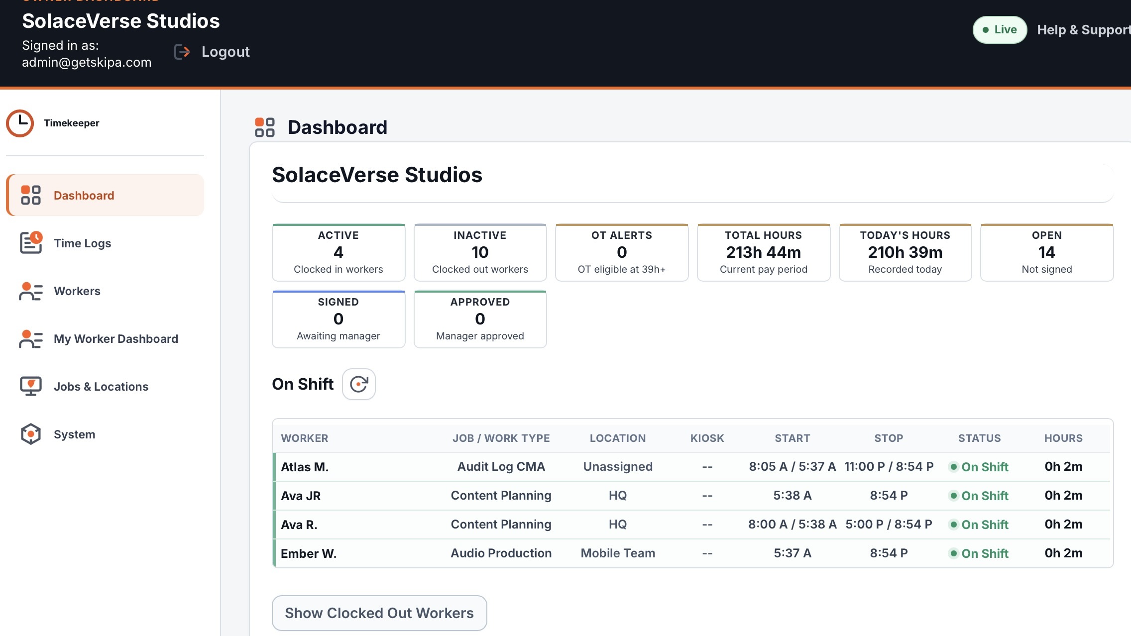 GetSkipa Timekeeper owner dashboard