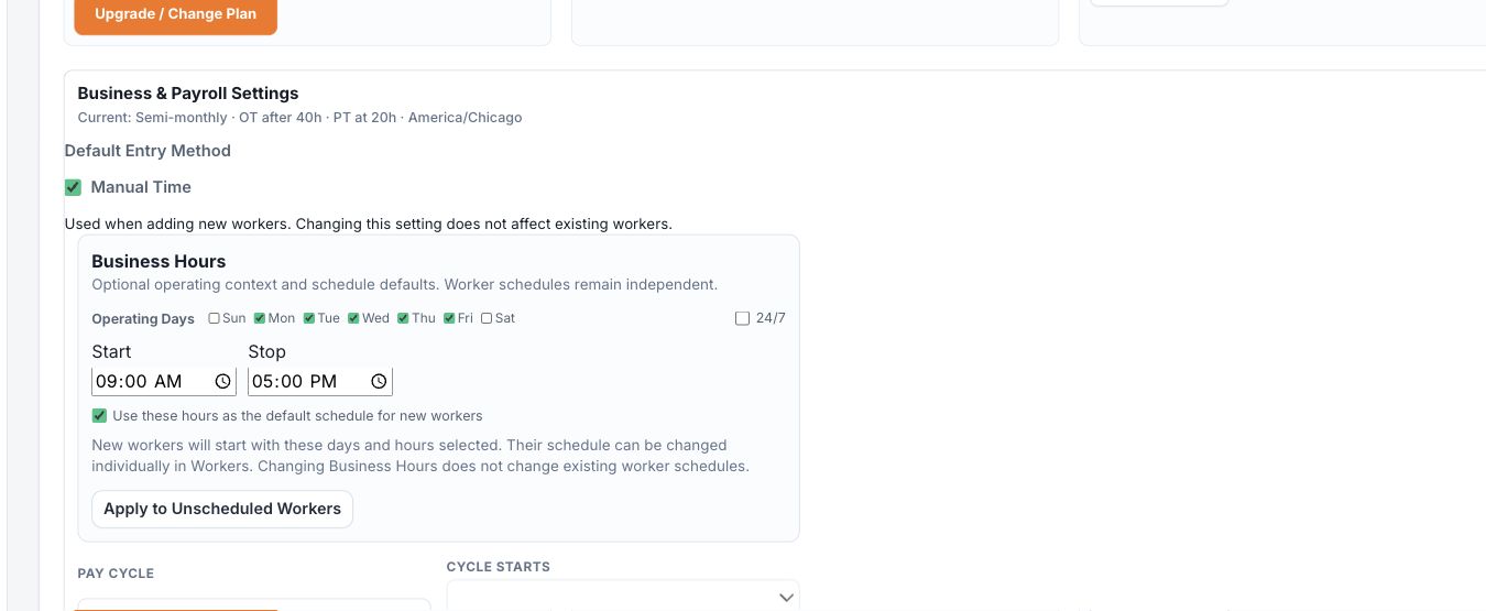 Business settings showing Default Entry Method and Business Hours