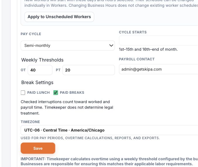 Payroll settings showing pay cycle, weekly thresholds, and Break Settings