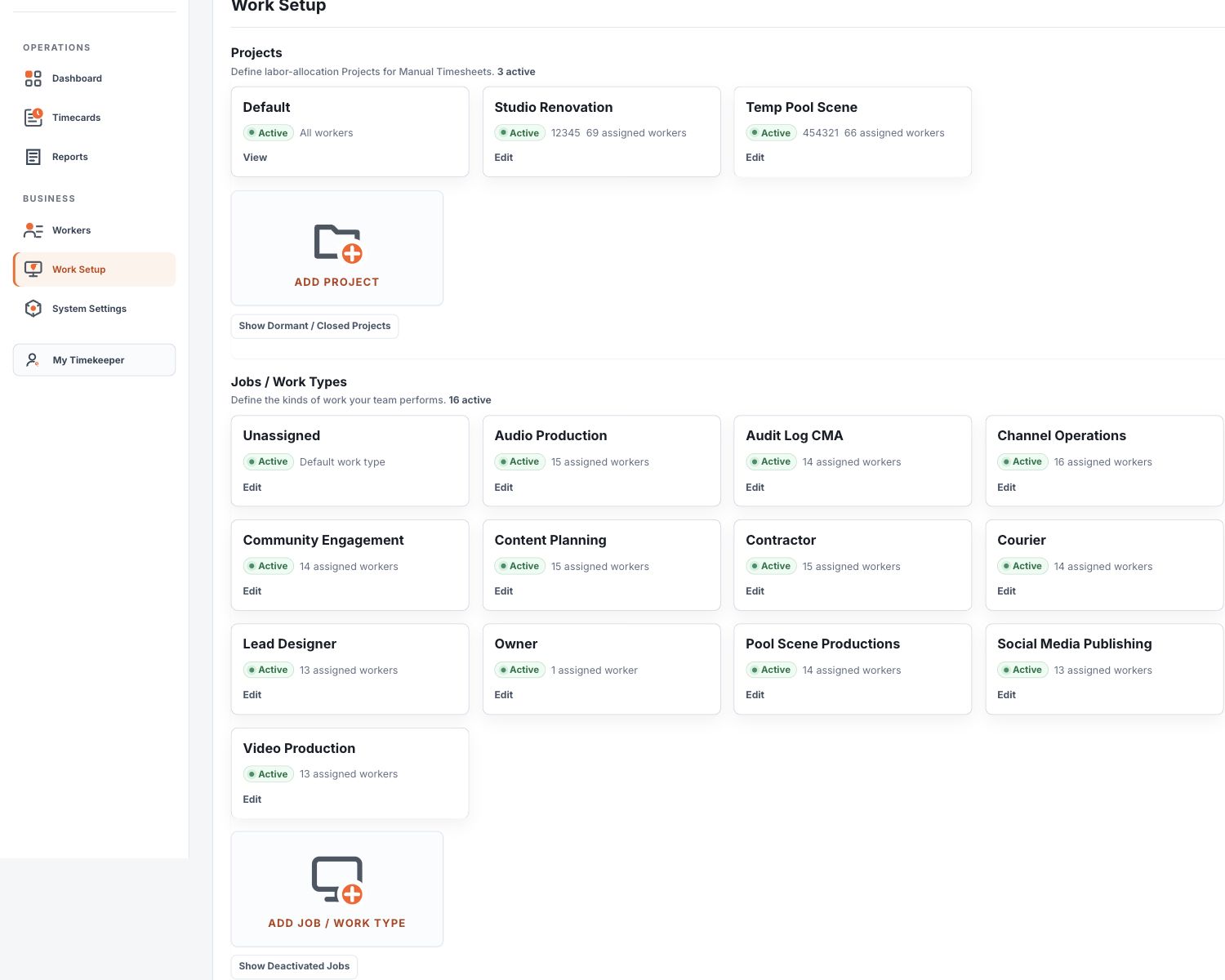 Populated Work Setup showing Projects, Jobs, Locations, and Kiosks