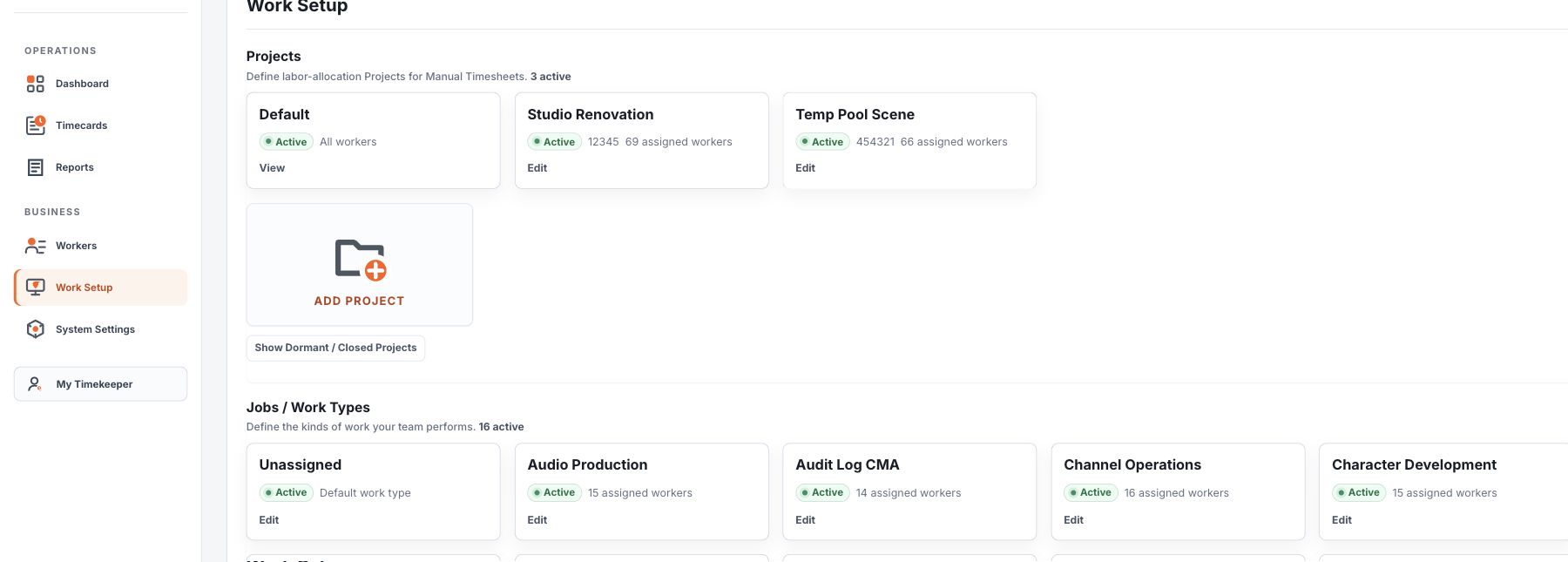 Projects section in Work Setup with active projects