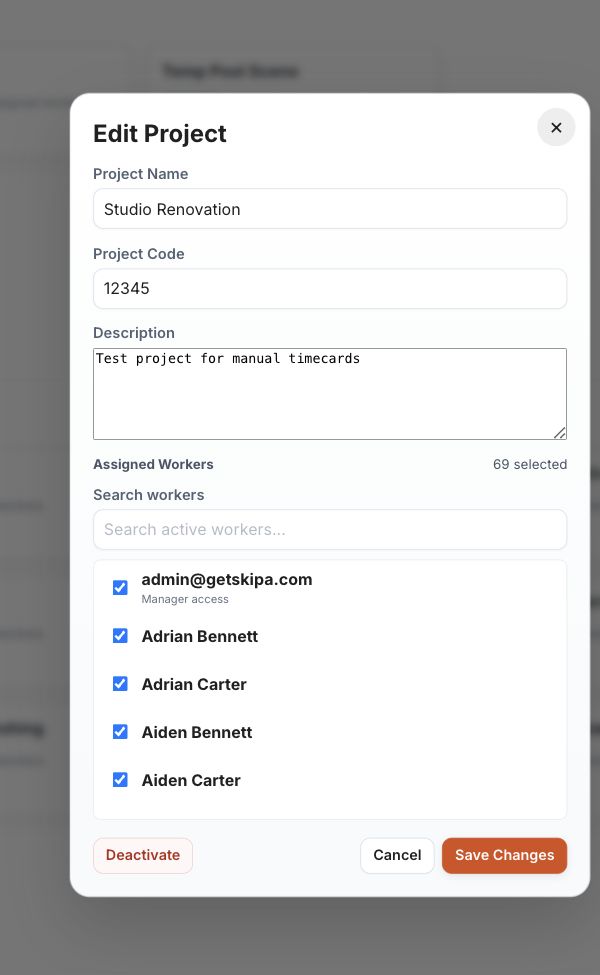 Edit Project dialog showing worker assignments