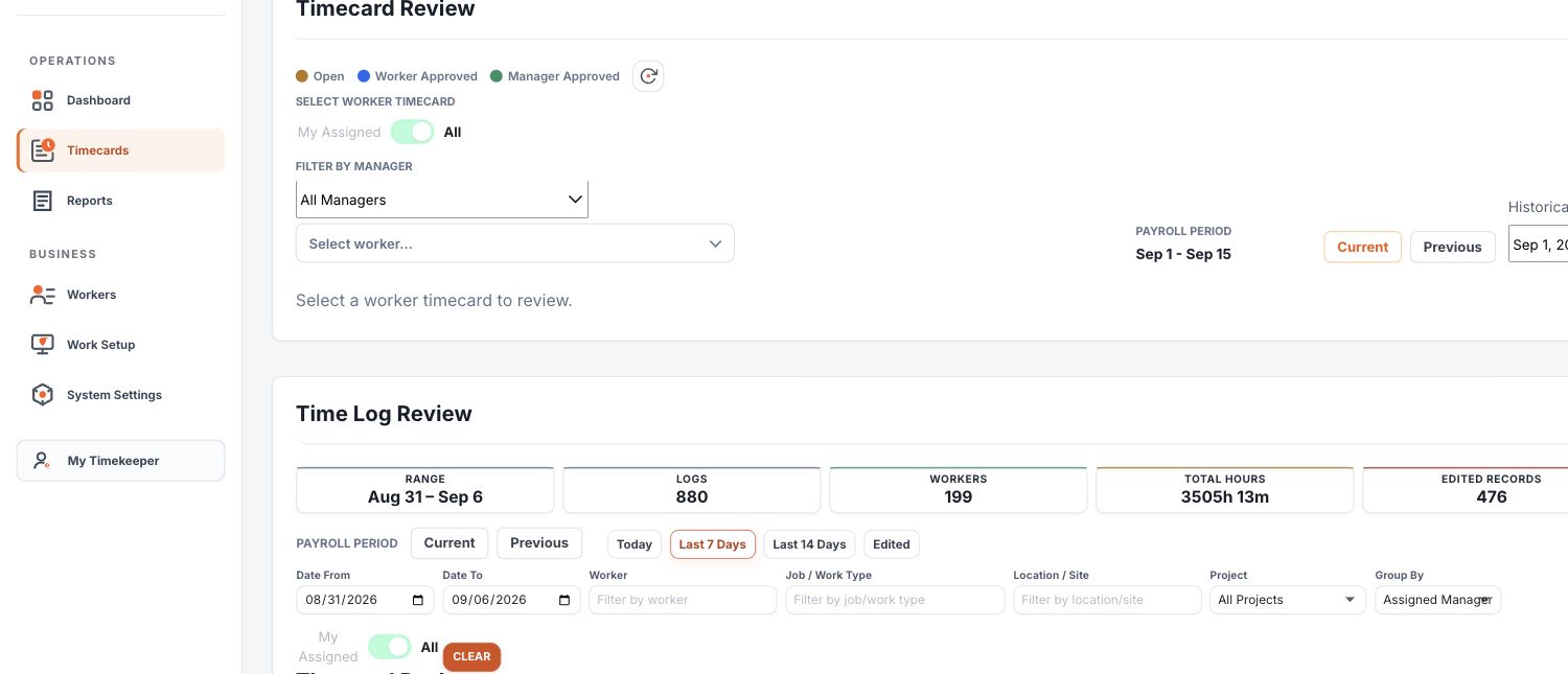 SolaceVerse Timecard Review with worker, manager, and payroll period controls