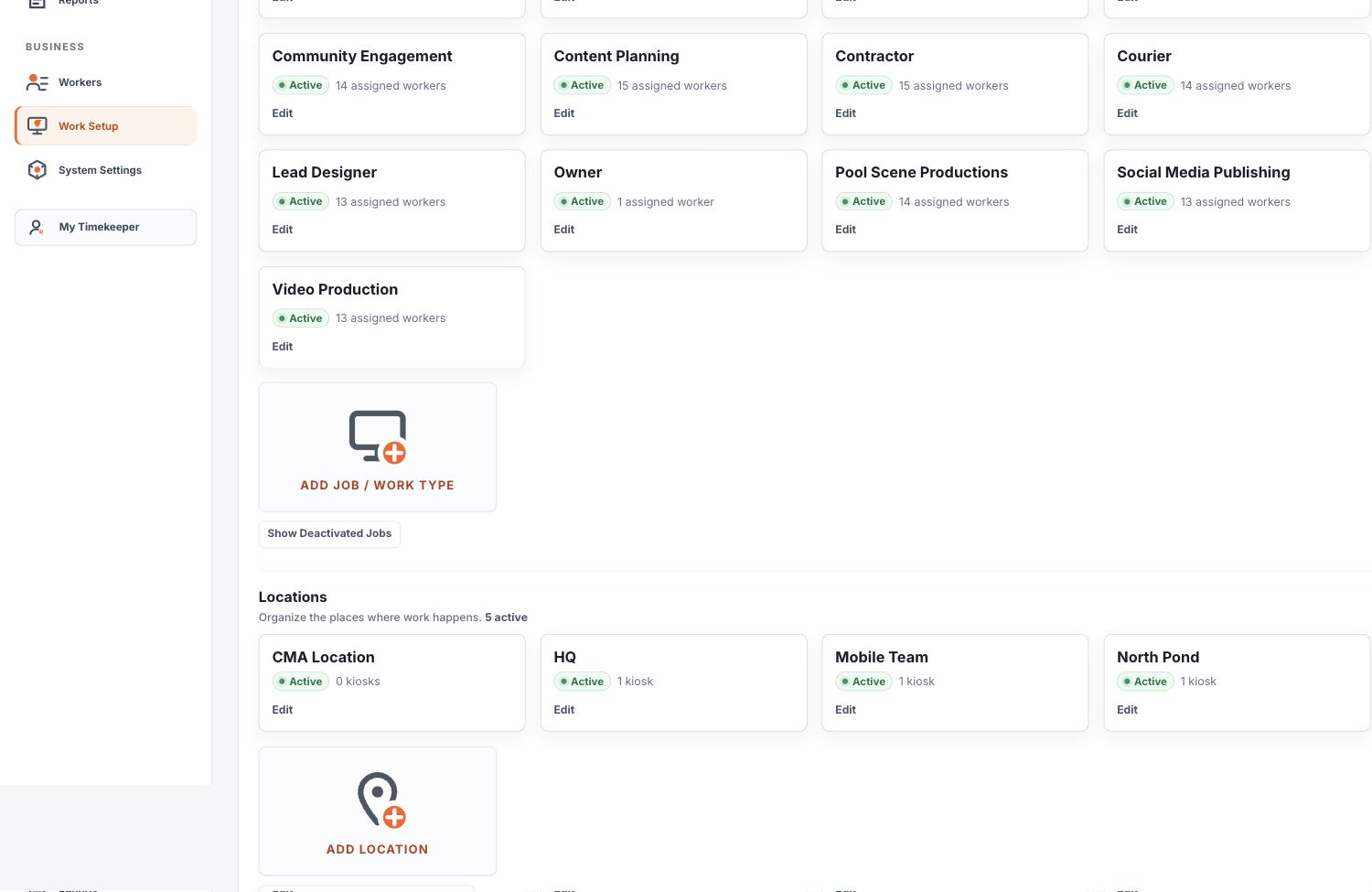 Jobs and Work Types section in Work Setup