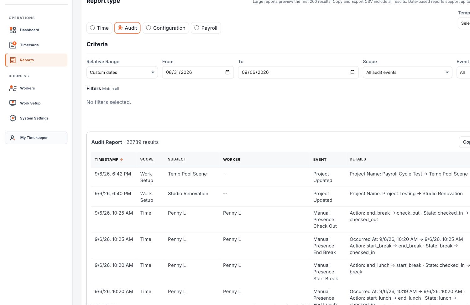 Reports workspace showing report families, criteria, filters, and results