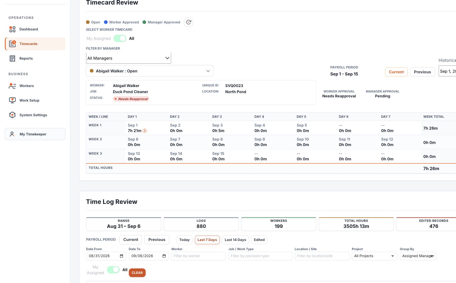 Timecard Review showing a selected worker, period totals, and approval states