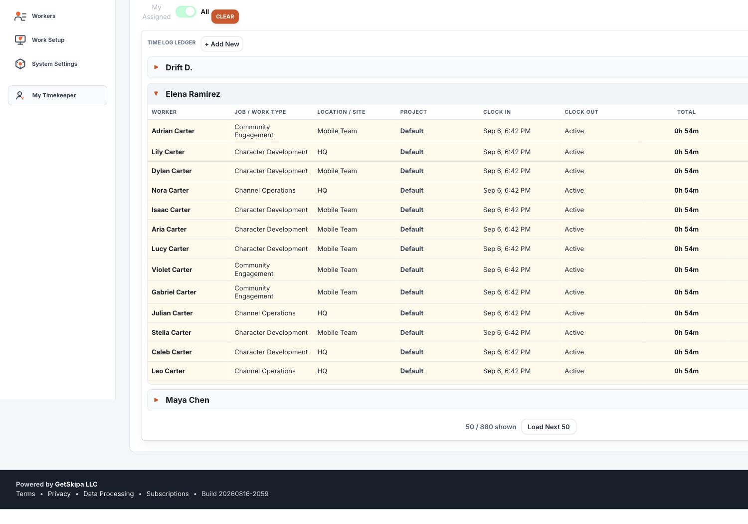 Time Log Review with worker, period, and record controls