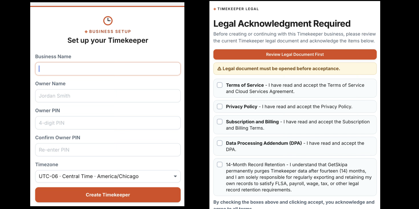 Create your Timekeeper business and complete the legal acknowledgment