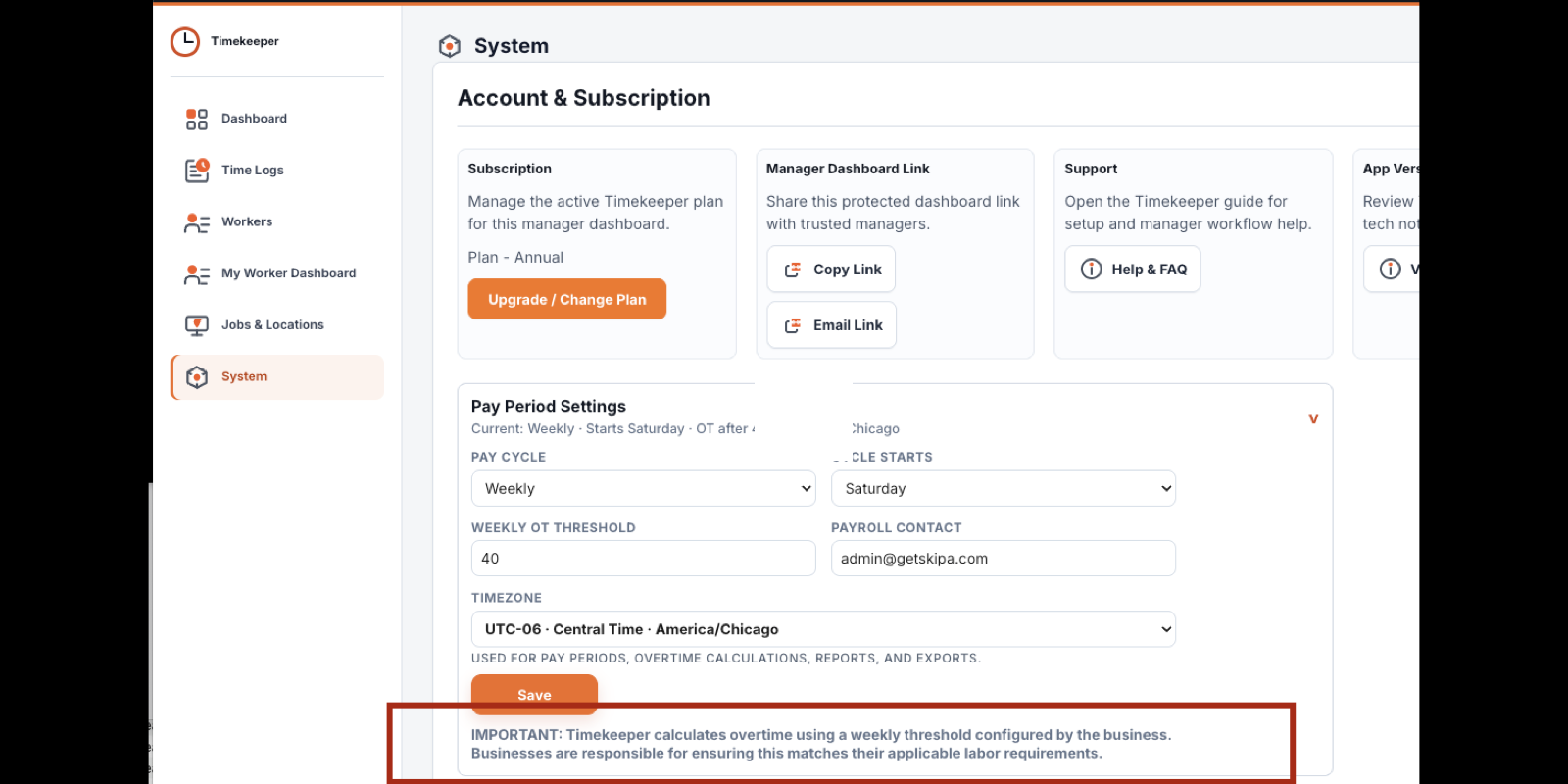 Configure Timekeeper business and pay period settings