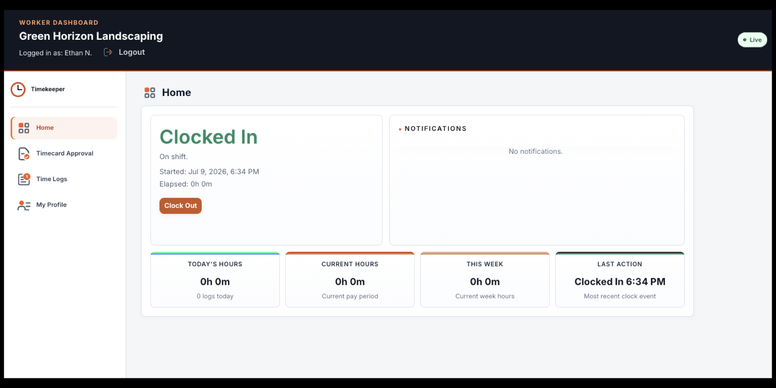 Worker Dashboard Home showing clock status, notifications, and current hours