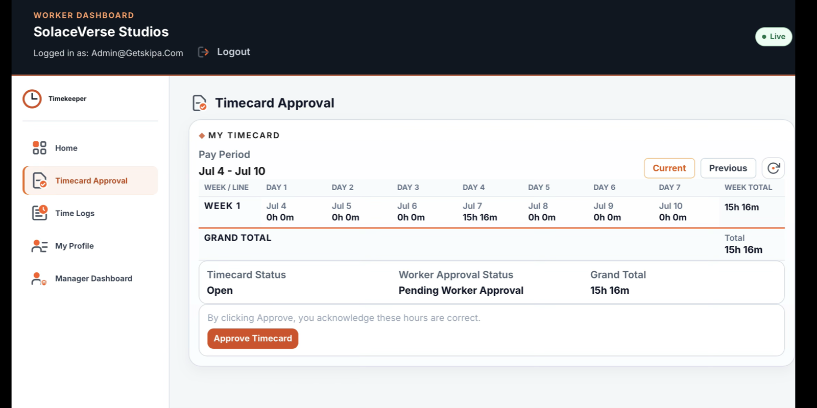 Worker Timecard Approval page showing pay-period hours and approval status