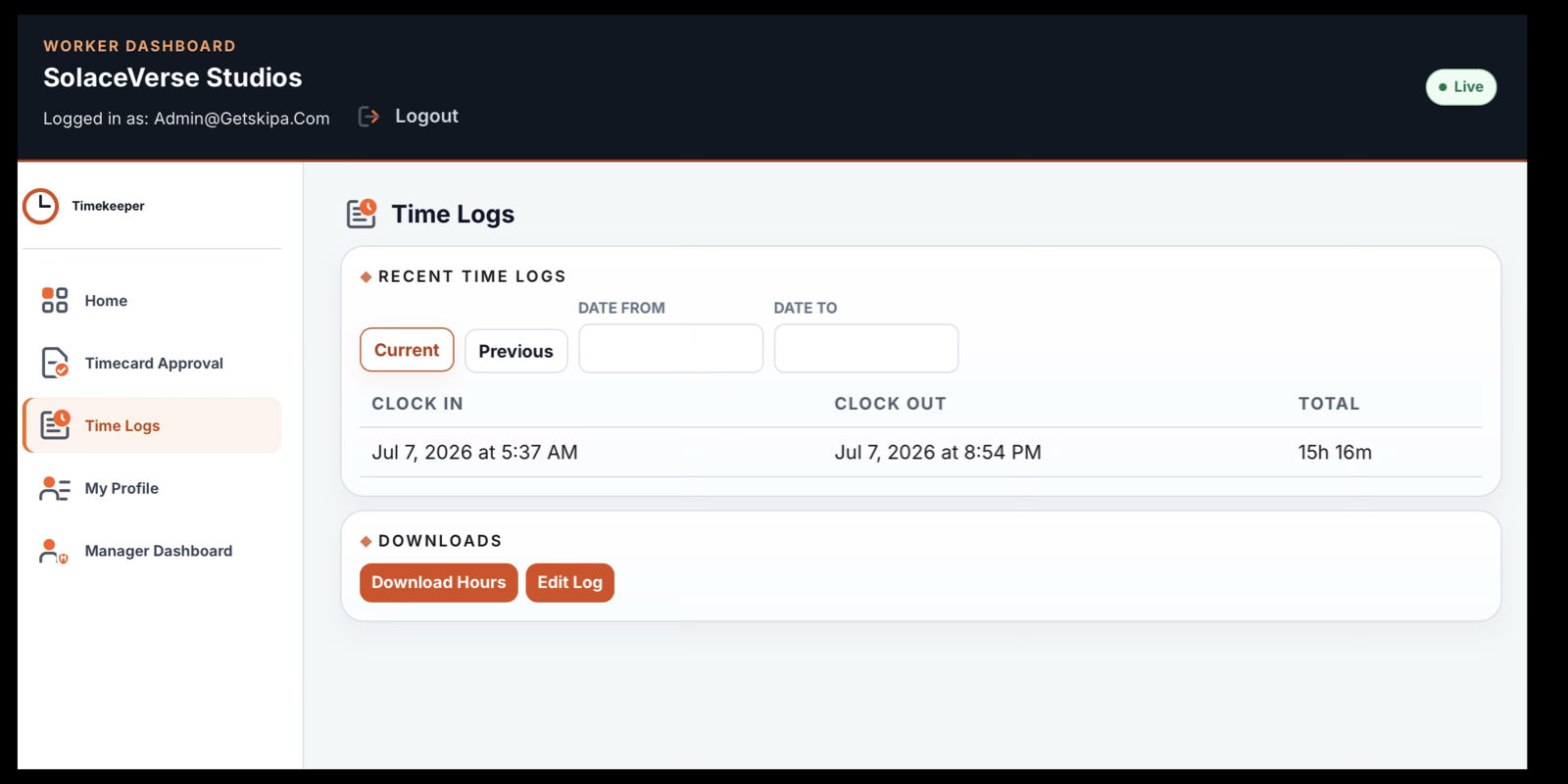Worker Time Logs page showing personal clock records and downloads