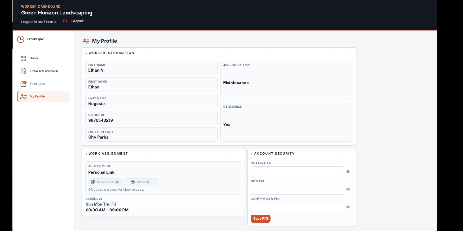 Worker My Profile page showing assigned information, QR options, and PIN controls