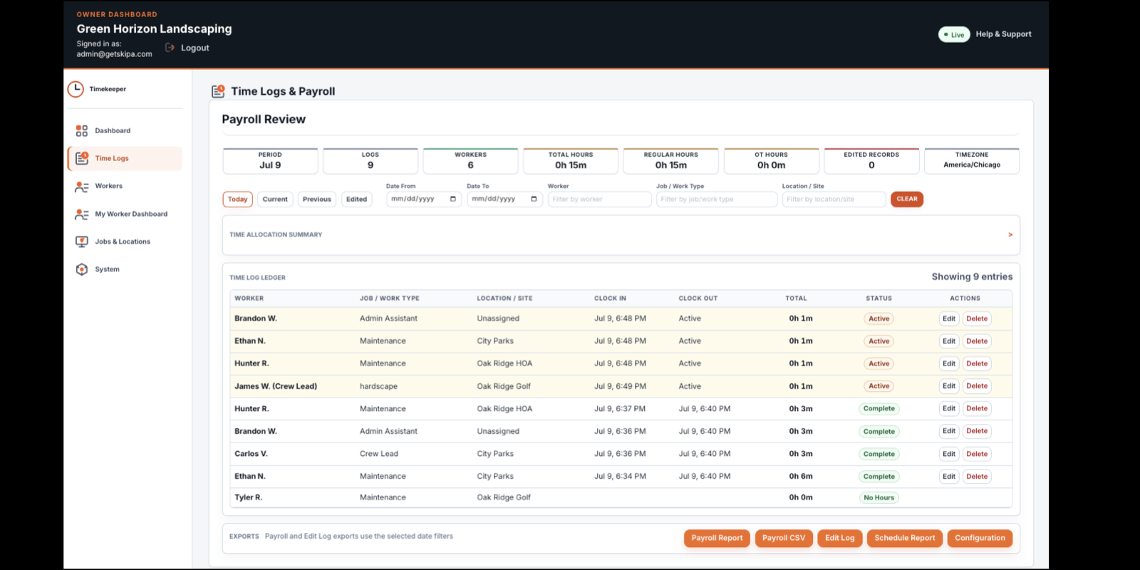 Owner Time Logs and Payroll page showing filters, ledger, and export controls