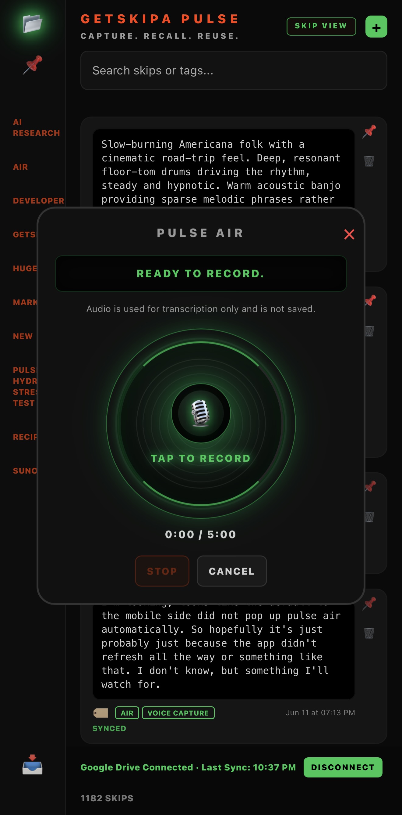 Pulse AIR voice capture interface