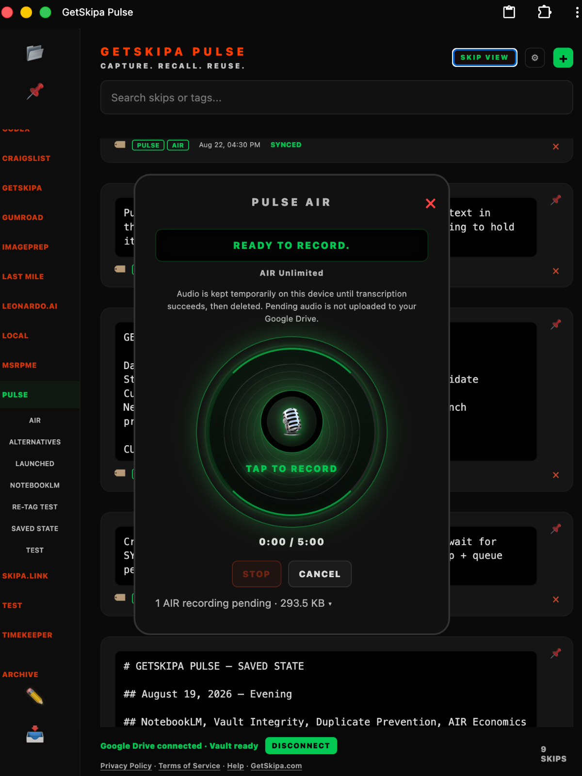 Pulse AIR voice capture interface