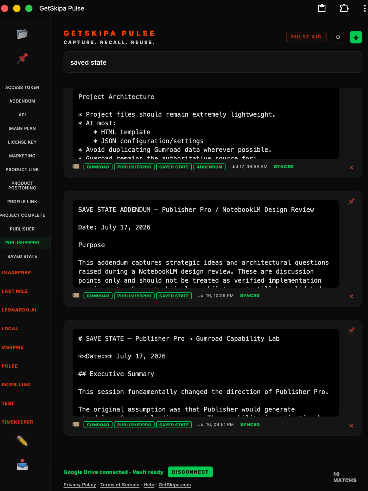 Pulse search, tags, and archive interface