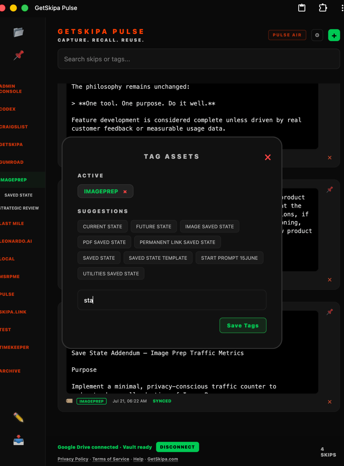 Pulse tags and topic organization interface