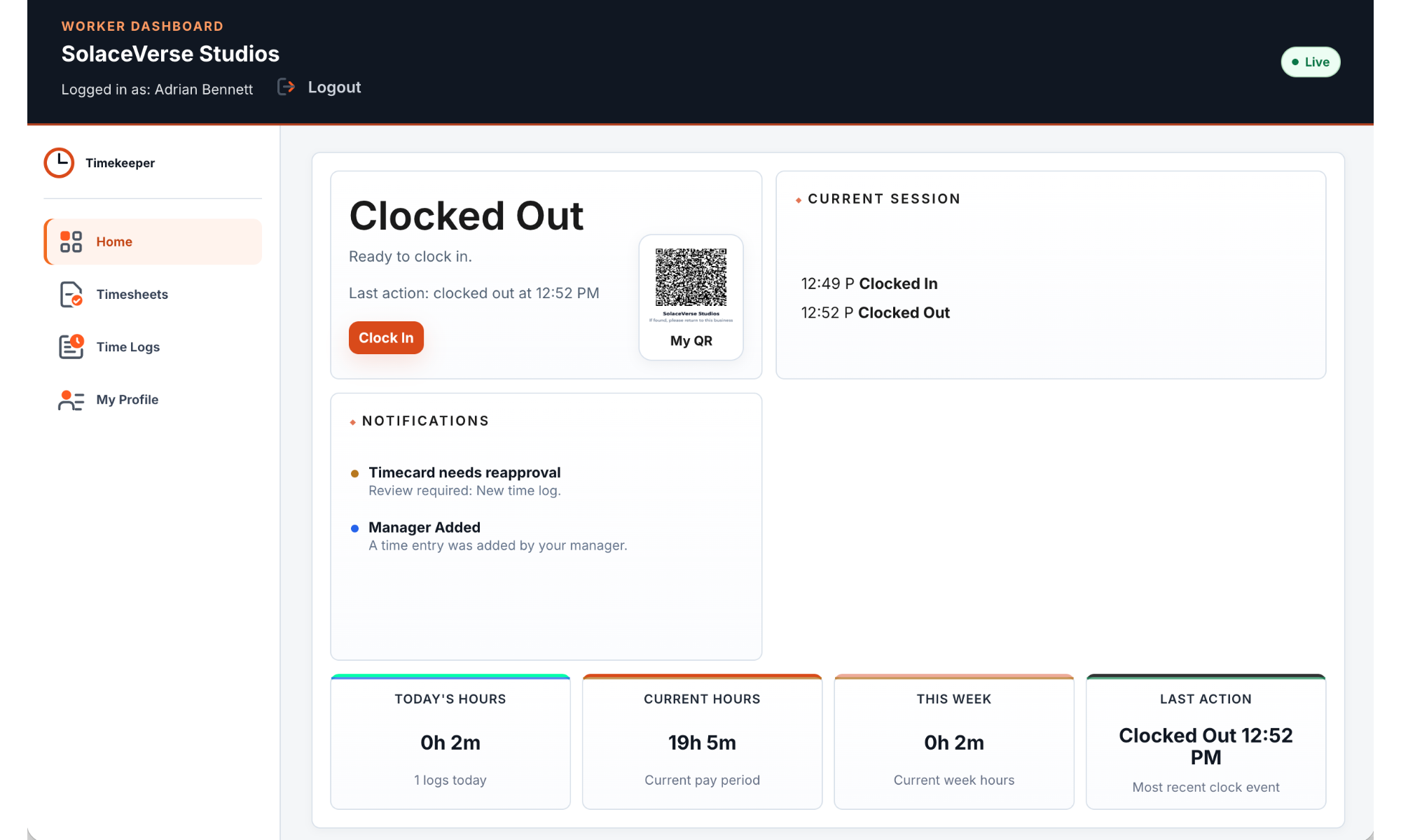 Timekeeper worker dashboard showing Clock In, current session, notifications, and hour totals.