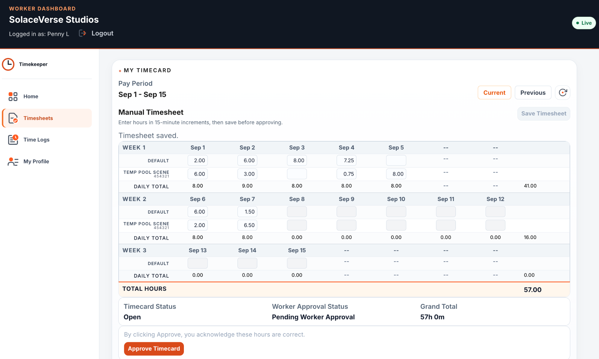 Timekeeper Manual Timesheet showing daily project hours across a payroll period.