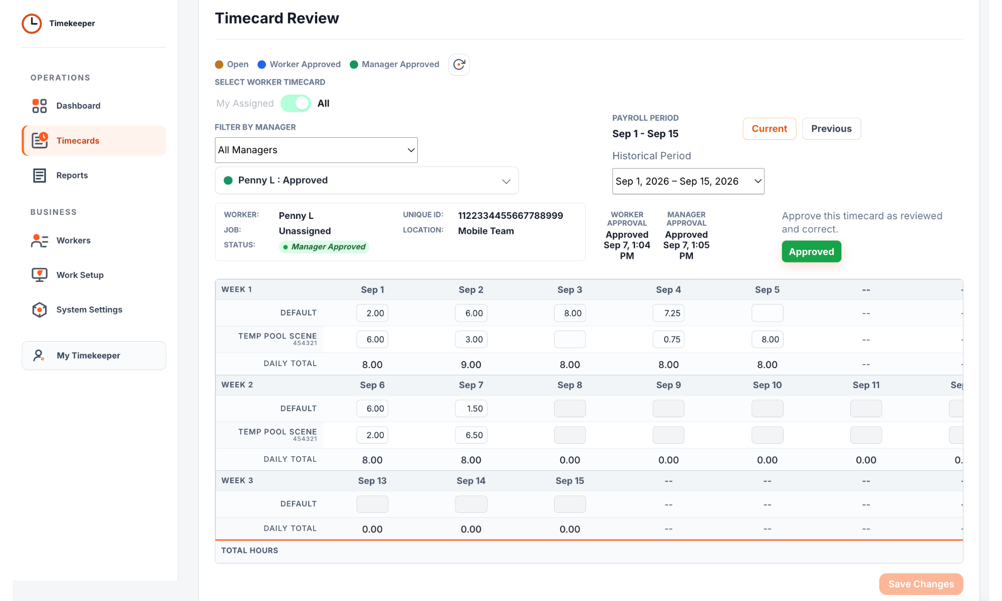 Timekeeper Timecard Review showing worker and manager approval with project hours by day.
