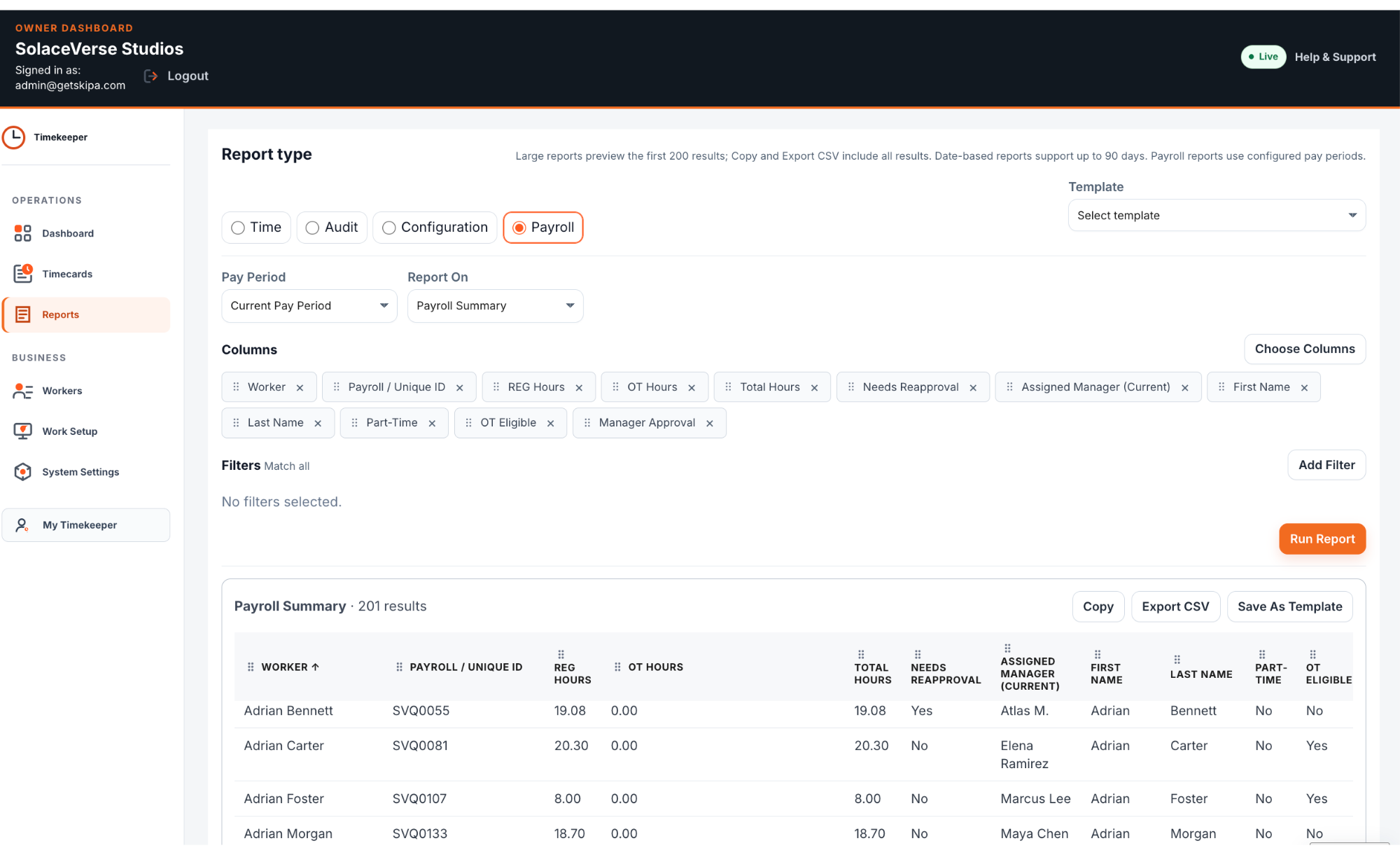 Timekeeper Payroll Report showing report criteria, selectable columns, complete result count, and export actions.