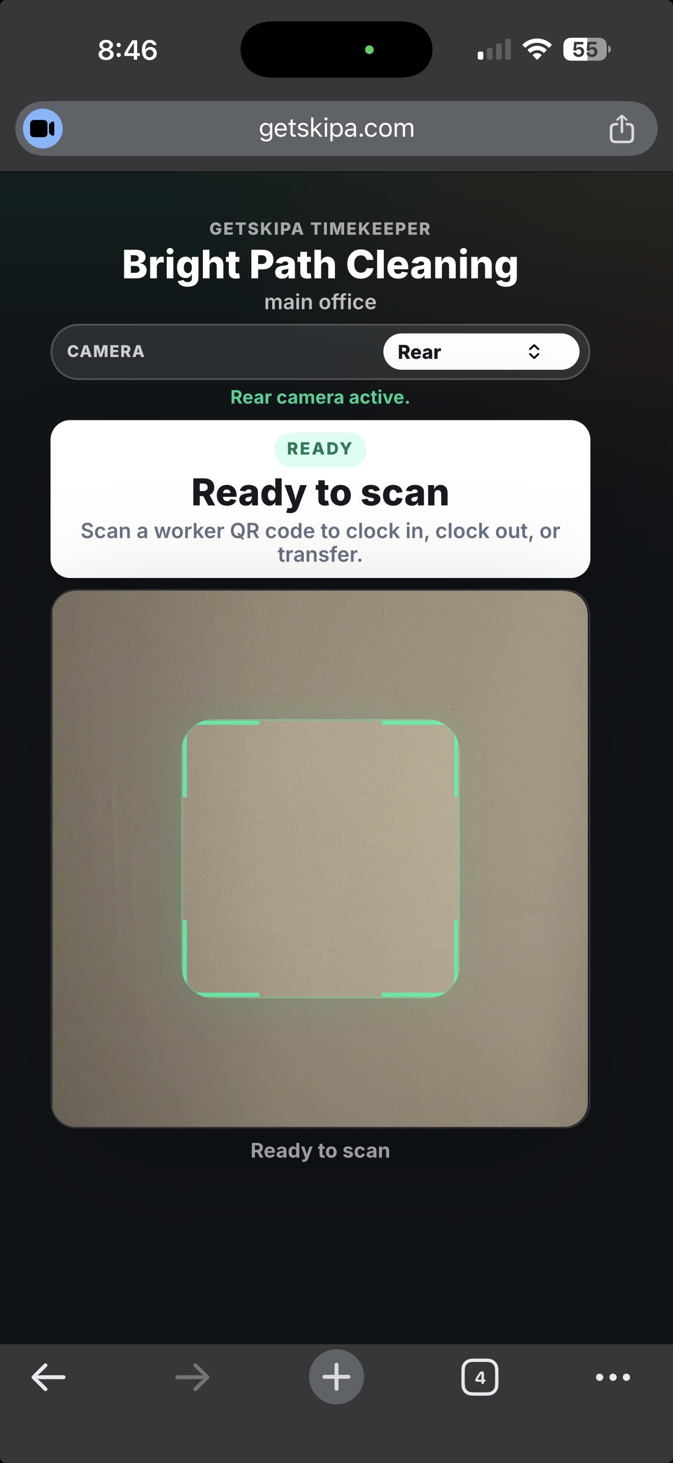 Timekeeper kiosk screen ready to scan a worker QR code.