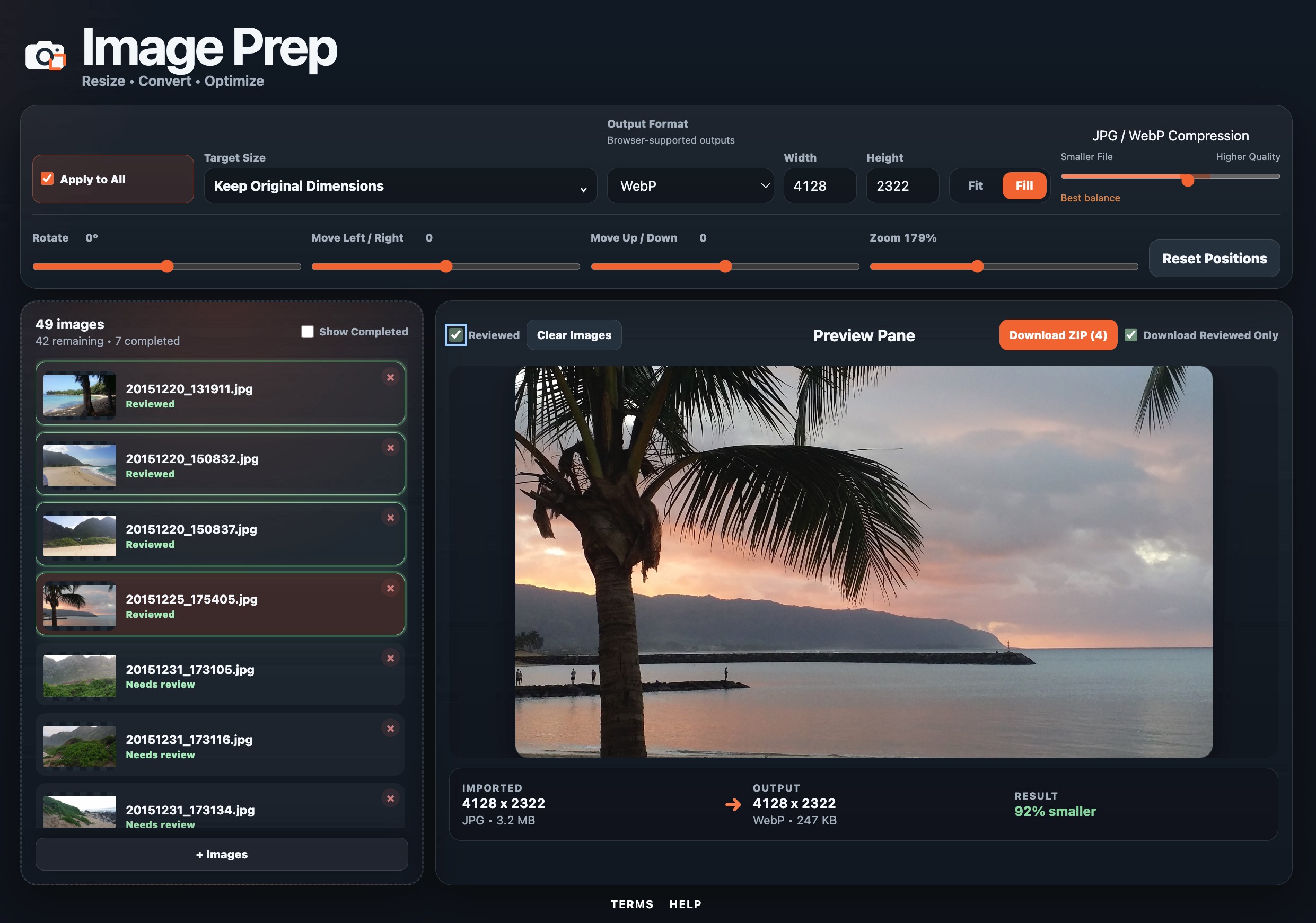 GetSkipa Image Prep showing batch image conversion, WebP output, cropping controls, compression, reviewed images, ZIP download, and file-size reduction.